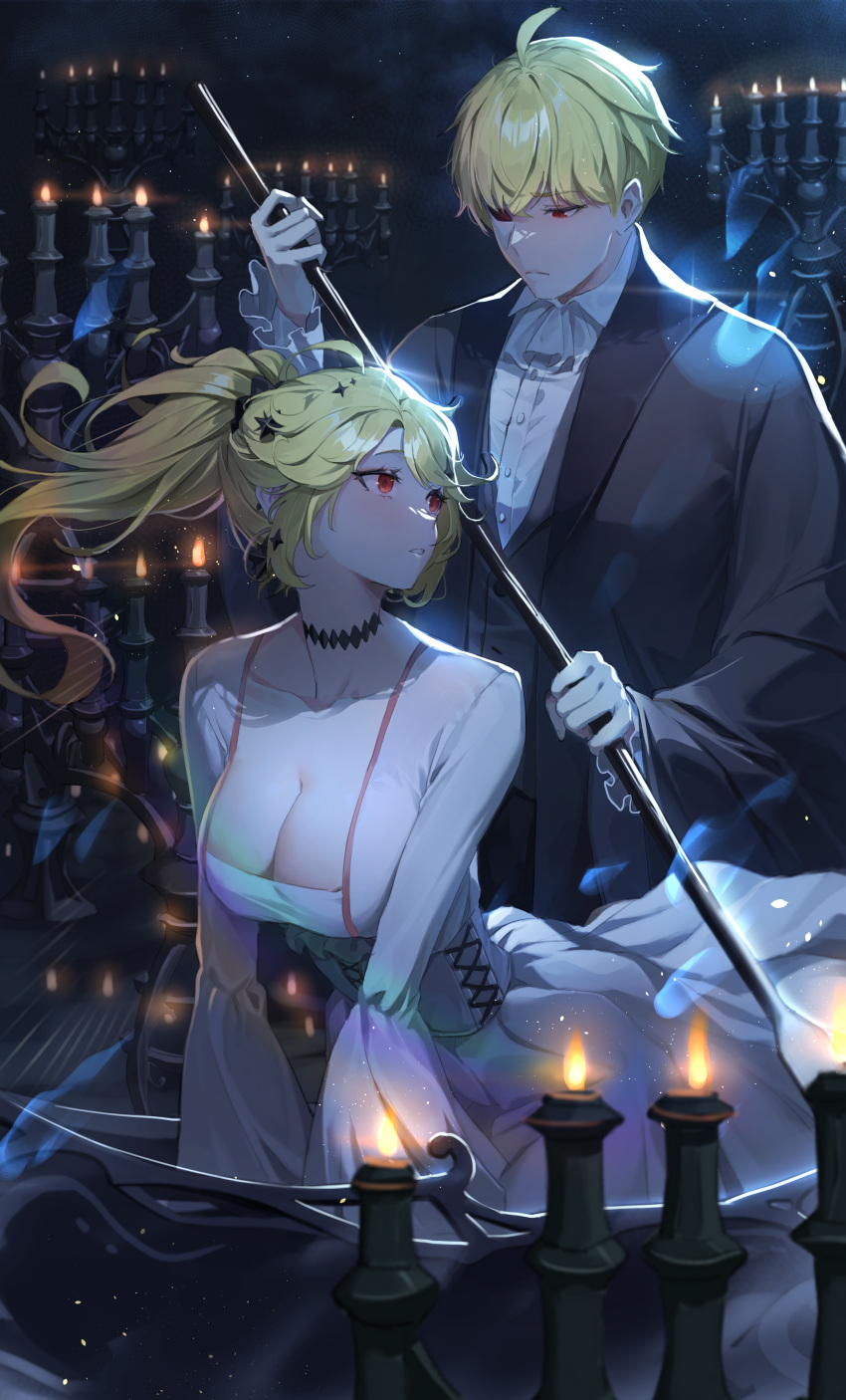 1boy 1girl absurdres bangs bare_shoulders black_jacket black_pants blonde_hair boat breasts candle cleavage cleavage_cutout closed_mouth clothing_cutout collarbone detached_collar dress floating_hair formal hair_ornament highres holding holding_paddle holding_weapon jacket large_breasts long_hair long_sleeves looking_at_another netural night night_sky nijisanji nox_(vtuber) paddle pants parted_lips ponytail puffy_long_sleeves puffy_sleeves red_eyes shirt sky star_(sky) star_(symbol) star_hair_ornament starry_sky suit swept_bangs virtual_youtuber virtuareal watercraft weapon white_dress white_shirt