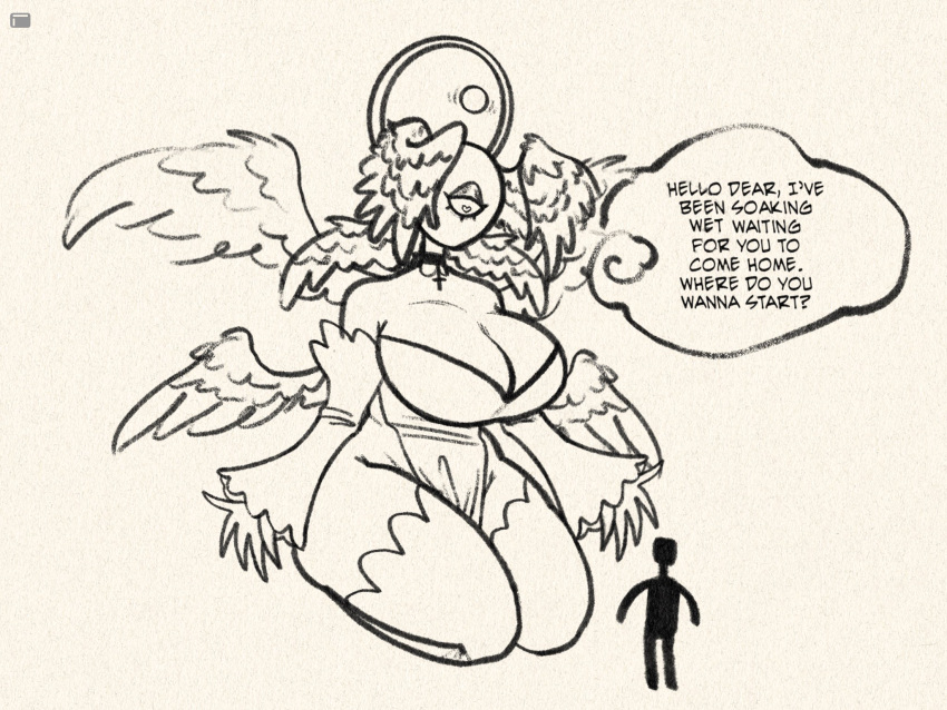 &lt;3 &lt;3_eyes angel anthro biblically_accurate_angel big_breasts breasts clothed clothing cross dialogue duo female fur ghoulishgourd halo hi_res horniel_(thouartphi) human jewelry kneeling male male/female mammal multi_wing necklace partially_clothed simple_background size_difference wings