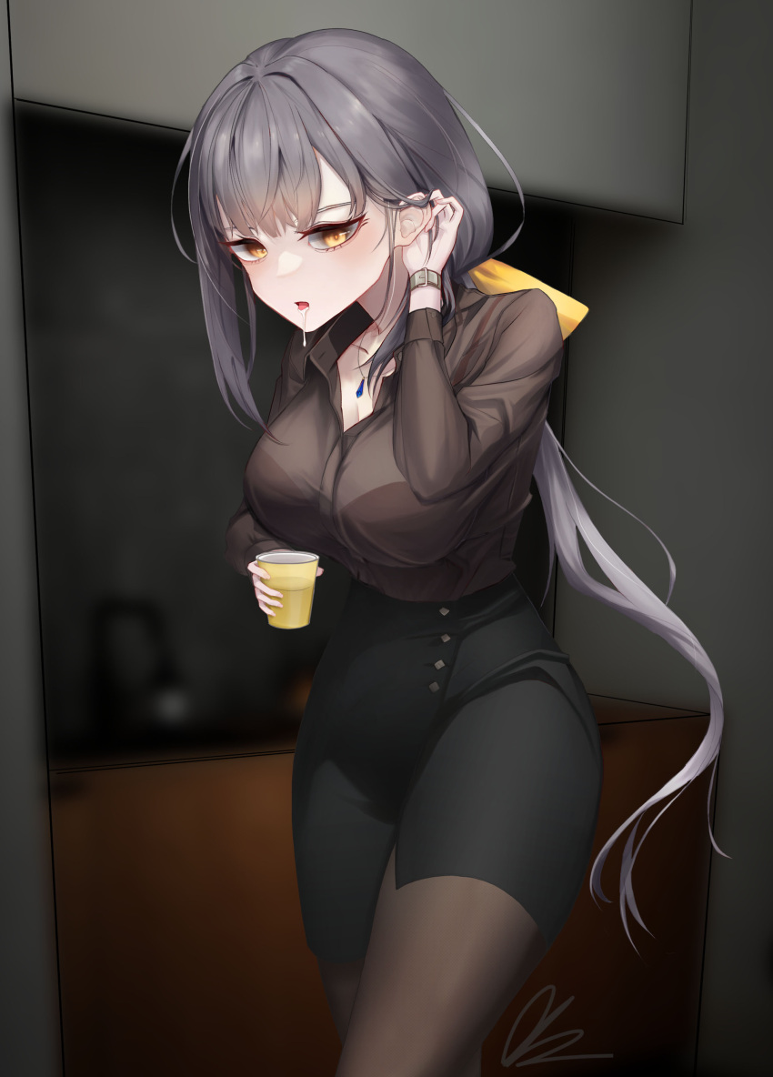 1girl absurdres black_survival bralines breasts cleavage collarbone cowboy_shot cup dr._nadja drooling eternal_return:_black_survival grey_hair grey_shirt hair_ribbon highres holding holding_cup jewelry large_breasts long_hair looking_at_viewer narrow_waist open_mouth pantyhose pencil_skirt pendant phoenix97 ribbon saliva shirt skirt solo watch wristwatch yellow_eyes