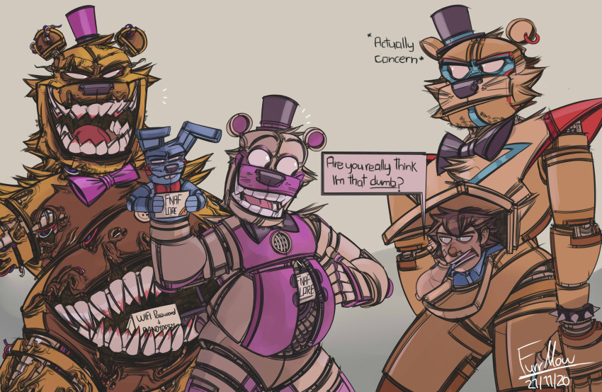 absurd_res animatronic anthro bow_tie chubby_anthro chubby_male clothing five_nights_at_freddy's five_nights_at_freddy's:_security_breach five_nights_at_freddy's_4 funtime_freddy_(fnafsl) furrlow glamrock_freddy_(fnaf) gregory_(fnaf) group hat headgear headwear hi_res humor lagomorph leporid machine male mammal nightmare_fredbear_(fnaf) puppet puppet_bonnie_(fnafsl) rabbit robot scottgames sharp_teeth sister_location smile stomach_mouth teeth tongue top_hat ursid video_games