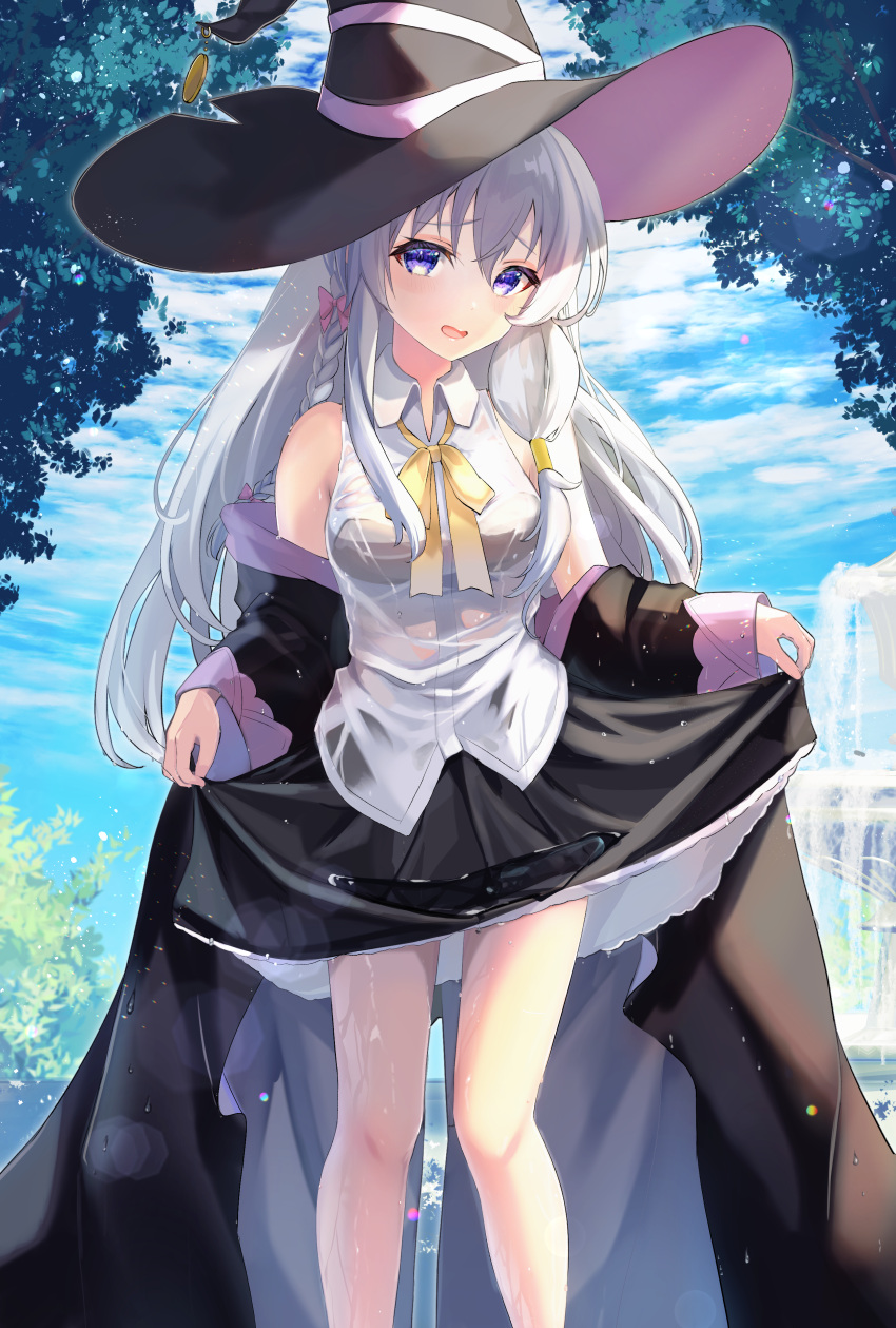 1girl absurdres bangs bare_shoulders black_headwear black_robe black_skirt blush bow bowtie braid breasts cloud cloudy_sky collared_shirt commentary_request day elaina_(majo_no_tabitabi) eyebrows_visible_through_hair feet_out_of_frame fountain frilled_skirt frills grey_hair hair_between_eyes hair_bow hat highres long_hair long_sleeves looking_at_viewer majo_no_tabitabi medium_breasts open_mouth outdoors pi_tayuko pink_bow shirt single_braid skirt skirt_hold sky sleeveless sleeveless_shirt solo standing tree wet wet_clothes wet_shirt white_shirt witch_hat yellow_bow yellow_bowtie