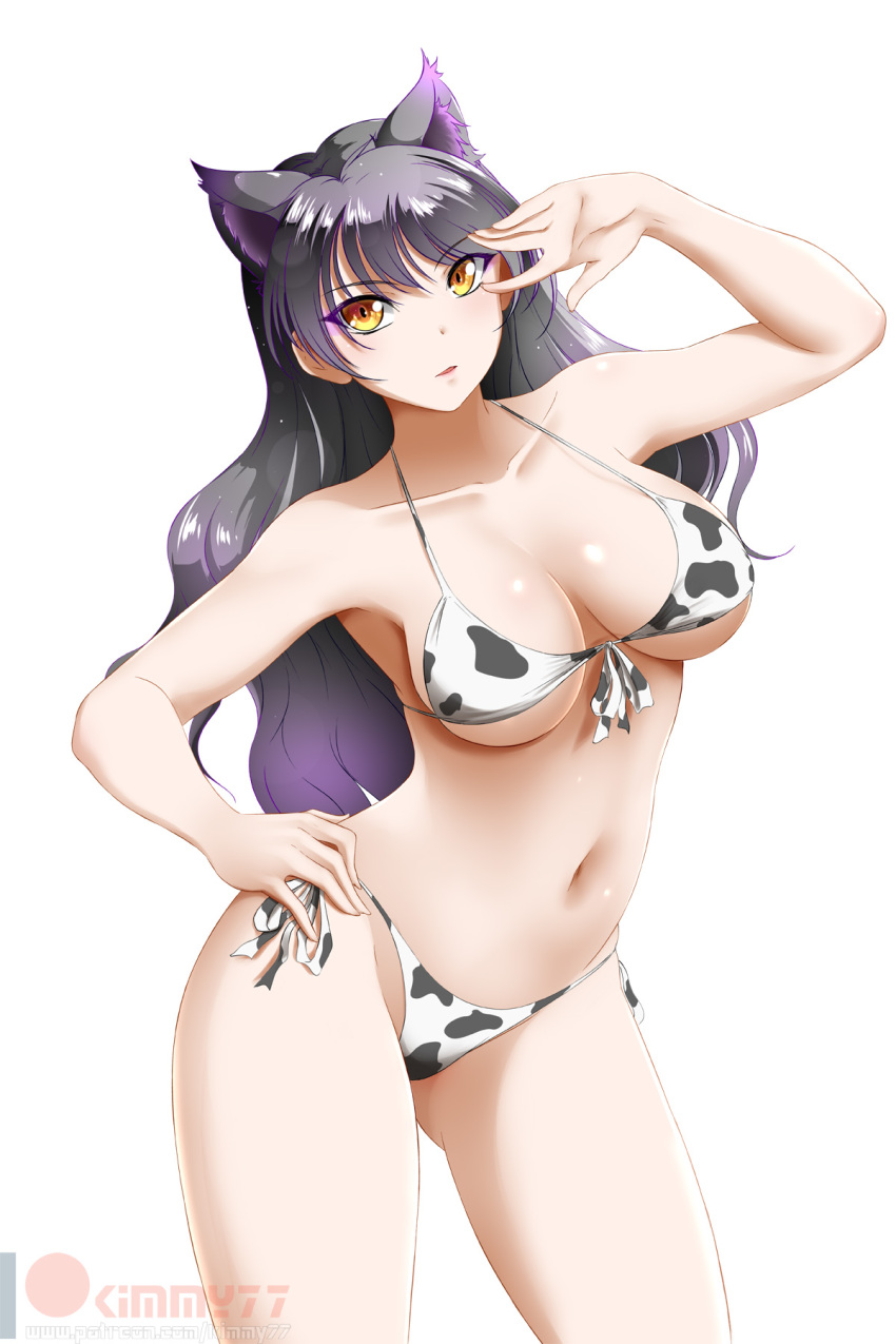 1girl animal_ears animal_print artist_name bangs banned_artist bare_arms bare_legs bare_shoulders bikini black_hair blake_belladonna breasts cat_ears cat_girl collarbone contrapposto cow_horns cow_print cowboy_shot elbow_gloves eyebrows_visible_through_hair front-tie_bikini front-tie_top gloves hand_on_hip hand_up highres horns kimmy77 large_breasts long_hair looking_at_viewer multicolored_hair navel parted_lips patreon_username print_bikini purple_hair rwby side-tie_bikini simple_background skindentation solo stomach string_bikini swimsuit thighs two-tone_hair watermark web_address white_background