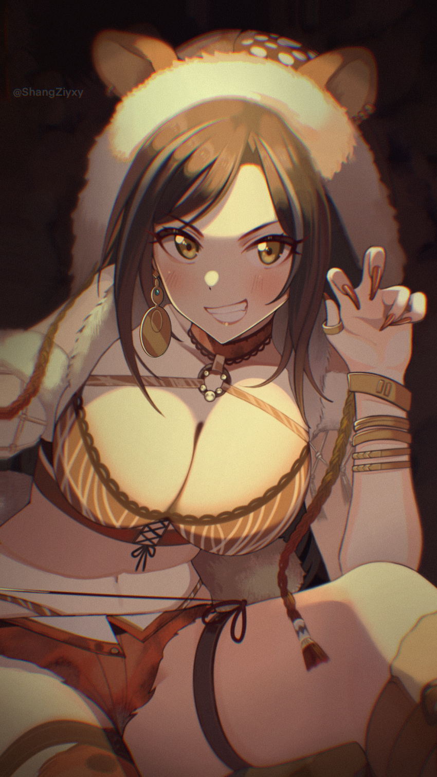 1girl bangs bra bracelet breasts brown_bra brown_hair brown_panties claw_pose cleavage collarbone detached_collar earrings fingernails fishnet_legwear fishnets grin highres idolmaster idolmaster_cinderella_girls idolmaster_cinderella_girls_starlight_stage jewelry large_breasts lipstick long_hair looking_at_viewer makeup midriff mukai_takumi nail_polish navel panties parted_bangs red_shorts ring shangzi short_shorts shorts skindentation smile solo striped striped_bra teeth thigh_strap twitter_username underwear watermark