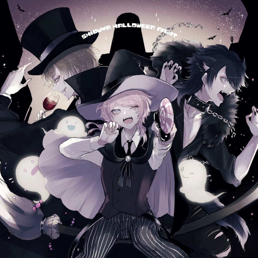 3boys ;d alternate_costume amemura_ramuda arisugawa_dice blue_eyes blue_hair broom broom_riding brown_hair candy cup drinking_glass fangs fling_posse food ghost halloween halloween_costume hat highres hypnosis_mic lollipop multiple_boys one_eye_closed open_mouth pink_hair purple_eyes shino_(shino-xx) smile stitched_face wine_glass witch witch_hat yumeno_gentarou