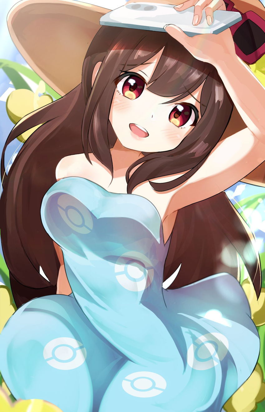 1girl armpits bangs bare_shoulders blue_dress blush brown_eyes brown_hair cellphone dress eyebrows_visible_through_hair eyewear_on_headwear hat highres holding holding_phone long_hair looking_at_viewer open_mouth phone pokemon pokemon_(game) pokemon_sm sightseer_(pokemon) sleeveless sleeveless_dress smartphone solo strapless strapless_dress sunglasses teeth umiru upper_teeth