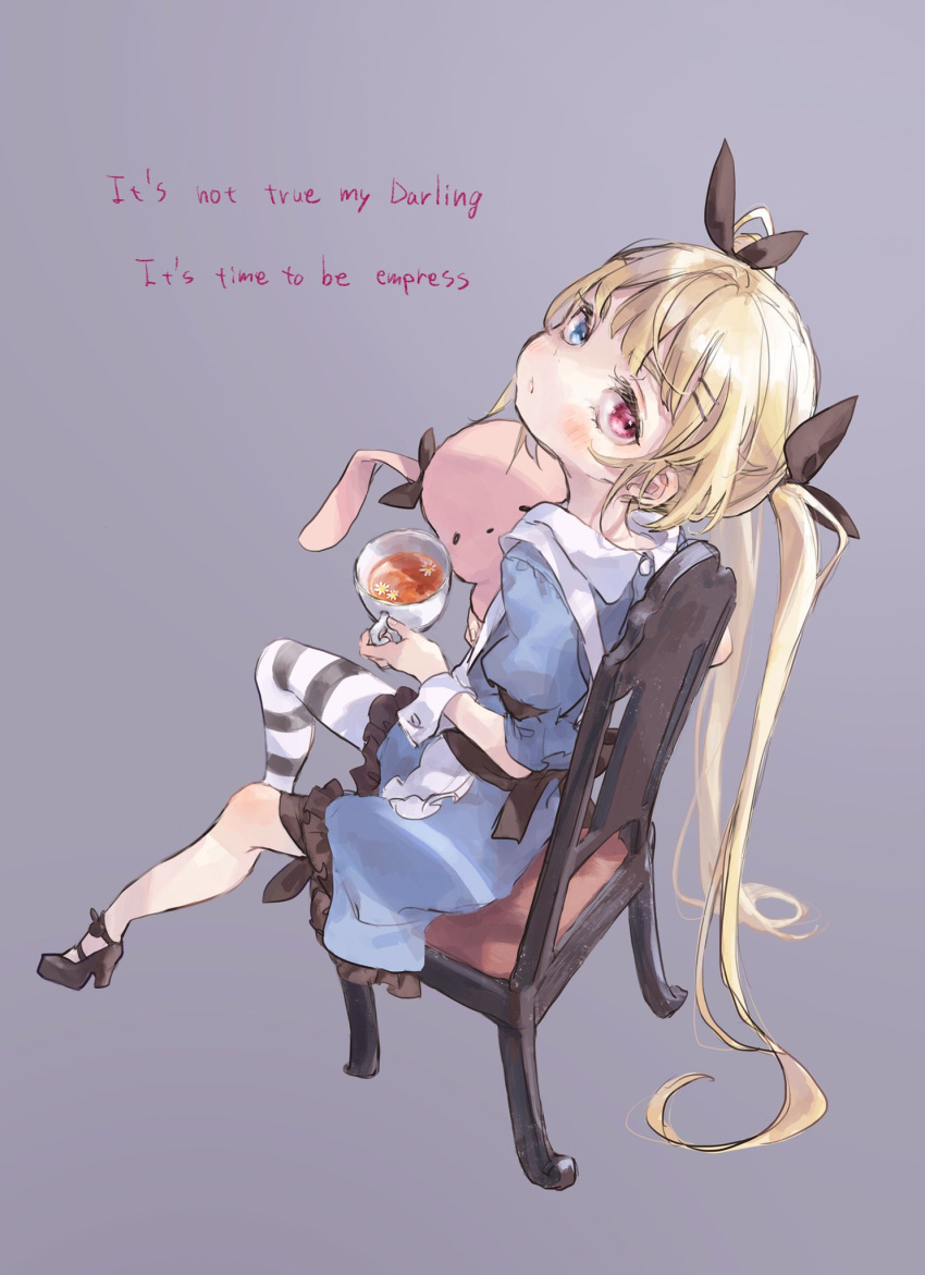 1girl alice_(alice_in_wonderland) alice_in_wonderland beatmania beatmania_iidx black_footwear black_ribbon blonde_hair blue_eyes blush chair commission cup english_text grey_background hair_ribbon heterochromia high_heels highres long_hair looking_at_viewer nenena red_eyes ribbon simple_background single_thighhigh sitting skeb_commission solo striped striped_legwear stuffed_animal stuffed_bunny stuffed_toy thighhighs twintails very_long_hair