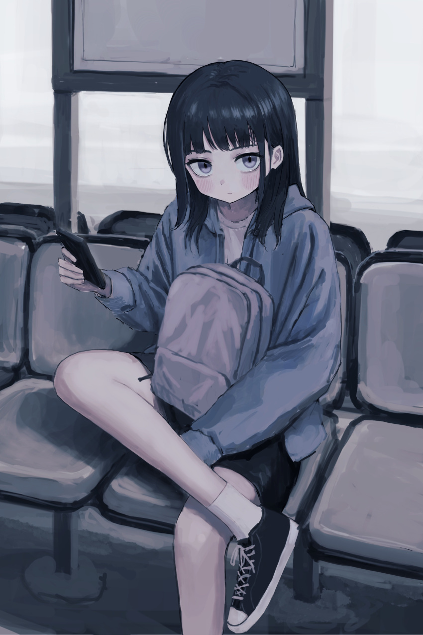 1girl absurdres backpack backpack_removed bag bangs bench black_footwear black_hair black_shorts blue_jacket cellphone commentary crossed_legs expressionless foot_out_of_frame highres holding holding_phone jacket light_blush looking_at_viewer medium_hair on_bench original phone purple_eyes sakiika0513 seat shoes shorts sitting smartphone sneakers socks solo white_legwear