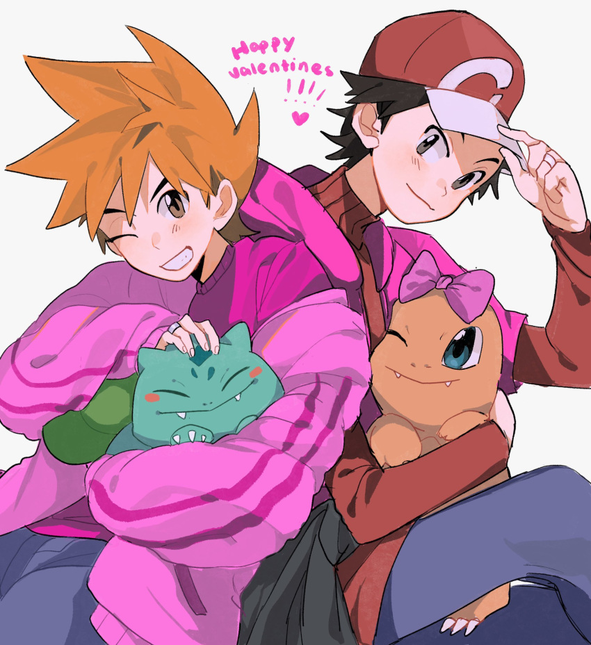 2boys baseball_cap blue_oak blush_stickers brown_eyes bulbasaur charmander closed_mouth fangs grin hand_on_headwear happy_valentine hat heart highres holding holding_pokemon jewelry long_sleeves looking_at_viewer male_focus mei_(manjunii) multiple_boys one_eye_closed orange_hair pokemon pokemon_(creature) pokemon_(game) pokemon_frlg red_(pokemon) red_headwear ring short_hair smile spiked_hair sweater turtleneck turtleneck_sweater