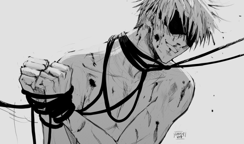 1boy bdsm blindfold blood bondage bound bound_wrists clenched_hands collarbone commentary cuts english_commentary gojou_satoru highres injury jujutsu_kaisen male_focus masochism pectorals saucybrtt short_hair smile smirk solo topless_male