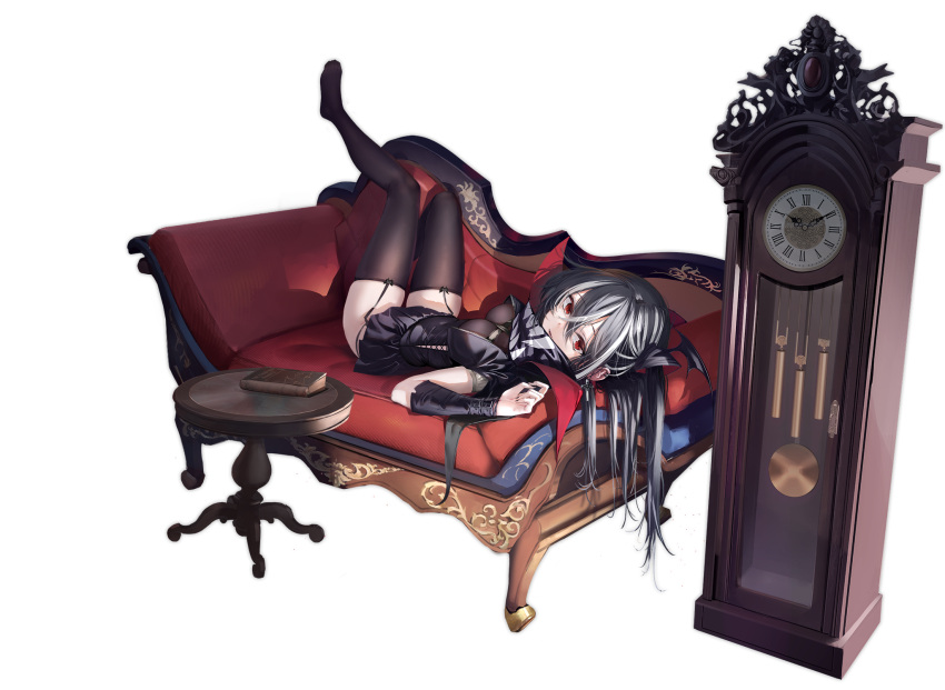 1girl azur_lane between_breasts book breasts clock couch cushion dress garter_straps grandfather_clock grey_hair hair_between_eyes head_wings highres knee_up leg_up long_hair looking_at_viewer lying medium_breasts multicolored_hair no_shoes official_art on_back on_couch ootsuki_momiji parted_lips red_eyes roman_numeral solo streaked_hair thighhighs transparent_background u-47_(azur_lane) u-47_(sanguine_moon_sojourn)_(azur_lane) white_hair