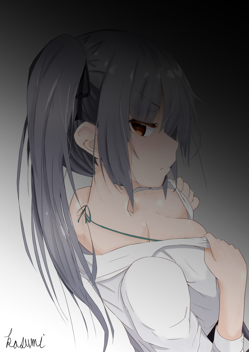 1girl absurdres breasts brown_eyes character_name cleavage covered_nipples eyebrows_visible_through_hair from_above from_side grey_hair hair_ribbon highres kantai_collection kasumi_(kancolle) kasumi_kai_ni_(kancolle) long_hair long_sleeves looking_at_viewer ribbon shirt side_ponytail solo terry311_or_perry_taisa upper_body white_shirt
