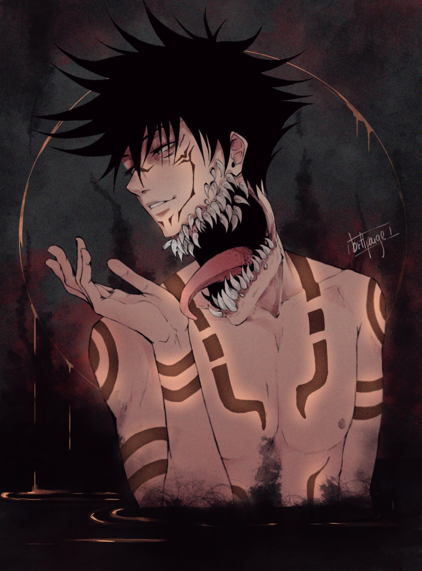 1boy arm_tattoo black_hair black_nails chest_tattoo collarbone corruption english_commentary evil_smile extra_eyes extra_mouth extra_teeth extra_tongue facial_tattoo fushiguro_megumi green_eyes hair_between_eyes hand_up highres jujutsu_kaisen long_tongue looking_away male_focus nipples partially_submerged saucybrtt short_hair shoulder_tattoo smile solo spiked_hair tattoo tongue tongue_out