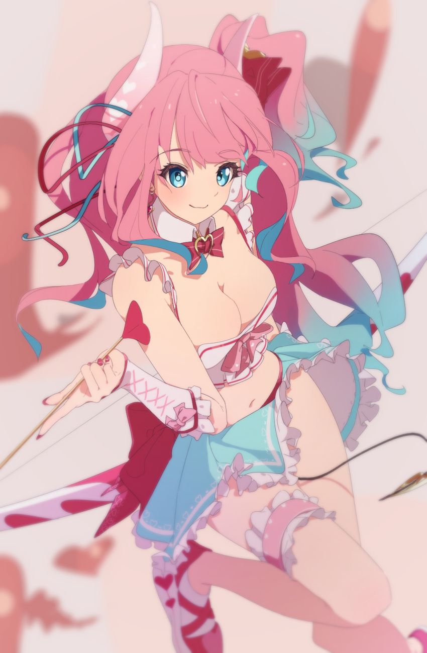 arrow_(projectile) bangs blue_eyes blue_hair blue_skirt blurry bow_(weapon) breasts cleavage closed_mouth demon_tail depth_of_field detached_collar detached_sleeves frilled_skirt frills gradient_hair hair_ribbon hand_up highres holding holding_arrow horns leg_garter long_hair looking_at_viewer medium_breasts midriff multicolored_hair navel pink_hair princess_connect! ribbon shoes side_ponytail skirt smile suzuna_(princess_connect!) tail tissuebox_(artist) underbust weapon