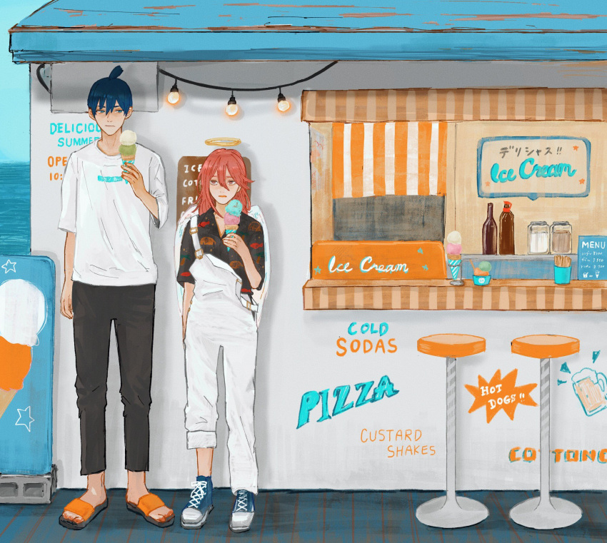 1boy angel_devil_(chainsaw_man) angel_wings bangs bar_stool beer_mug black_hair black_pants blue_footwear chainsaw_man cinder_block cup feathered_wings food fuyukonbu hair_between_eyes halo hayakawa_aki highres holding holding_ice_cream ice_cream ice_cream_cone jumper_pants light long_hair looking_at_another mug ocean pants pants_rolled_up red_hair sandals shoes shop short_hair short_sleeves sign slippers sneakers standing stool storefront topknot white_wings wings