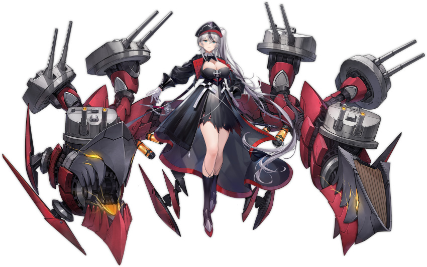 1girl artist_request azur_lane black_hair black_legwear blue_eyes breasts cleavage closed_mouth gloves hand_on_hip hat highres kneehighs large_breasts long_hair looking_at_viewer machinery multicolored_hair official_art ponytail rigging shirt side_ponytail solo streaked_hair sword thueringen_(azur_lane) torn_clothes torn_shirt transparent_background turret weapon white_gloves white_hair