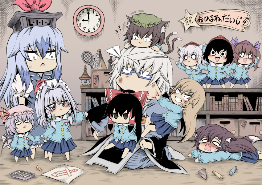 1boy 6+girls :3 ahoge animal_ears baseball_bat black_hair block blonde_hair blue_hair book bookshelf brown_hair bruise cat_ears cat_girl chen chibi clenched_teeth clock clothes_pull commentary_request crayon crying drawing glasses grin hakurei_reimu hat hidefu_kitayan highres himekaidou_hatate imaizumi_kagerou injury inubashiri_momiji izayoi_sakuya kamishirasawa_keine kindergarten kindergarten_uniform kirisame_marisa long_hair morichika_rinnosuke multiple_girls multiple_tails o_o on_floor on_head on_lap paper paper_airplane pose purple_hair racket remilia_scarlet shameimaru_aya short_hair sitting slit_pupils smile sweatdrop sword tail teeth tennis_racket touhou translation_request twintails two_tails weapon werewolf white_hair wings wolf_ears wolf_girl wolf_tail younger