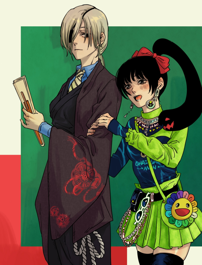 2girls bag belt belt_chain black_hair chainsaw_man coat dress eyepatch flower formal green_dress grey_hair hand_fan handbag happy highres holding holding_another's_arm holding_fan living_hair long_hair long_sleeves looking_at_another medium_hair moroboshi_minami multiple_girls necktie open_mouth pingtsi_(chainsaw_man) ponytail pouch quanxi_(chainsaw_man) red_ribbon ribbon rope standing striped suit sunglasses thighhighs yellow_necktie