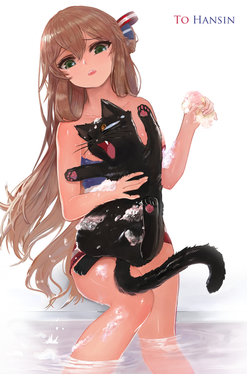 1girl absurdres animal bangs bare_arms bare_shoulders black_cat brown_eyes brown_hair cat collarbone dokomon eyebrows_visible_through_hair fang girls'_frontline green_eyes hair_between_eyes head_tilt highres holding naked_towel one_eye_closed open_mouth simple_background sitting soap_bubbles solo sponge springfield_(girls'_frontline) towel water white_background
