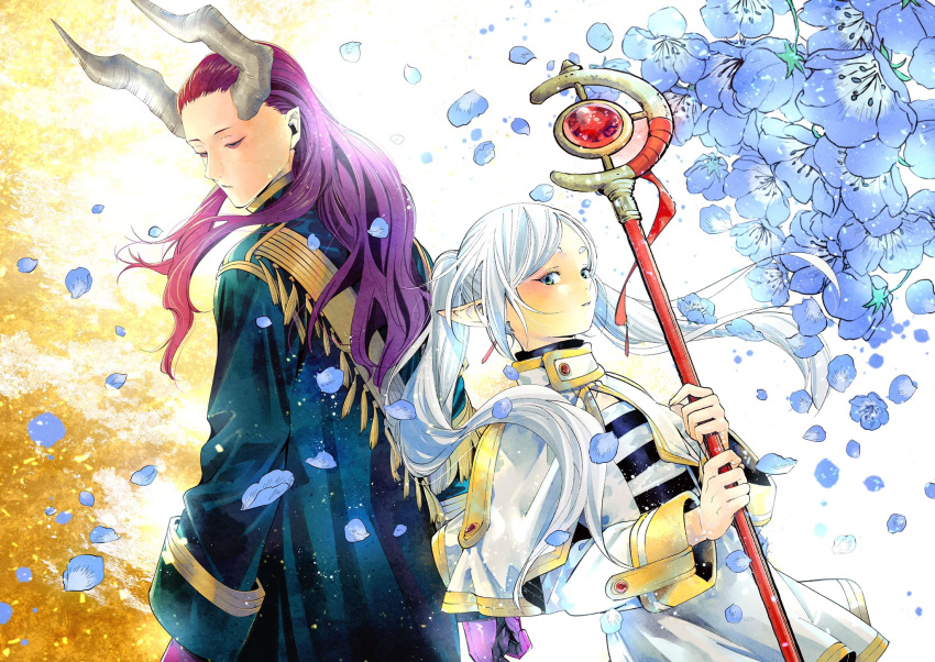 1boy 1girl abe_tsukasa aura back-to-back bags_under_eyes black_coat black_legwear blue_eyes blue_flower capelet coat demon_boy dutch_angle earrings elf floating_hair flower frieren hair_over_shoulder hair_slicked_back half-closed_eyes height_difference highres holding holding_staff horns jacket jewelry long_hair long_sleeves looking_at_viewer looking_away looking_to_the_side macht_(sousou_no_frieren) pantyhose parted_lips petals pointy_ears purple_eyes purple_hair second-party_source shirt sideways_glance skirt skirt_set sousou_no_frieren staff striped striped_shirt tassel twintails white_background white_capelet white_hair white_jacket white_skirt