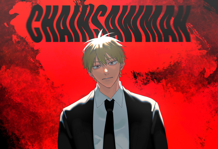 1boy absurdres bangs black_necktie blonde_hair chainsaw_man collared_shirt denji_(chainsaw_man) formal highres looking_at_viewer lovemaronmeru0827 necktie red_background shirt short_hair simple_background solo standing suit white_shirt