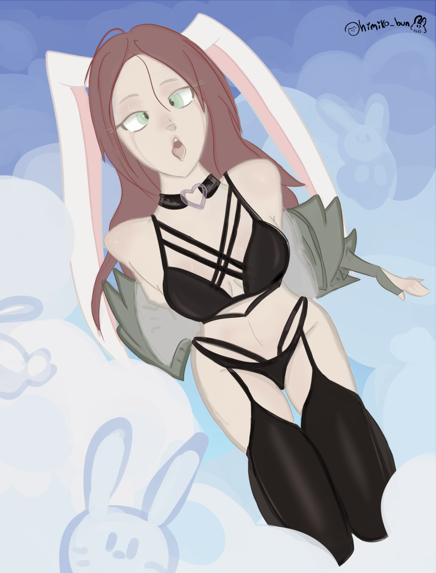 absurd_res ahegao ahegaofacegirl anthro clothing collar female green_eyes hair hi_res himiko_bun lagomorph leporid lingerie looking_pleasured mammal rabbit red_hair rubber rubber_clothing rubber_suit solo thick_thighs tongue tongue_out