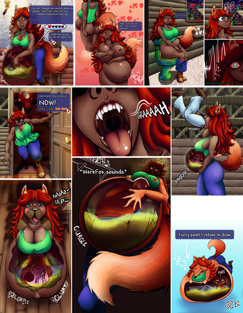 &lt;3 2020 ?! abdominal_bulge absurd_res after_vore animal_humanoid anthro anthro_pred areola belly big_belly big_breasts big_butt biped bloodshot_eyes blue_bottomwear blue_clothing blue_pants bodily_fluids book boots bottomwear breasts brown_belly brown_body brown_boots brown_breasts brown_butt brown_clothing brown_footwear brown_skin building butt candle canid canid_humanoid canine canine_humanoid claws clothed clothing comic curvy_figure dated death dialogue digestion digital_media_(artwork) disposal door doorknob duo emoticon english_text eyes_closed fangs fatal_vore female female_pred fire floor floorboards footwear forced fox fox_humanoid fully_clothed fur gaping_mouth gender_symbol glistening glistening_belly glistening_body glistening_breasts glistening_eyes glistening_skin glistening_tongue green_clothing green_eyes green_shirt green_topwear hair hand_on_stomach hi_res house humanoid implied_scat inner_ear_fluff inside internal lightbulb lit_candle long_hair lying male male/female male_symbol mammal mammal_humanoid moon mouth_shot navel nipples on_front on_toilet onomatopoeia open_mouth oral_vore overweight overweight_anthro overweight_female overweight_humanoid owo pants partially_submerged pink_blush pink_body pink_ears pink_skin pink_tongue plant profanity question_mark red_body red_ears red_fur red_hair red_inner_ear red_inner_ear_fluff red_tail rumbling_stomach saliva saliva_on_tongue shadow shelf shirt signature sleeping smile solo sound_effects spaghetticultists stairs stomach_acid symbol teeth terraria text thick_thighs toilet toilet_paper tongue tongue_out topwear torch torn_clothing torn_shirt torn_topwear tree tuft uvula voluptuous vore wall_(structure) weight_gain were werecanid werecanine werefox wide_hips yellow_eyes zoologist_(terraria) zzz