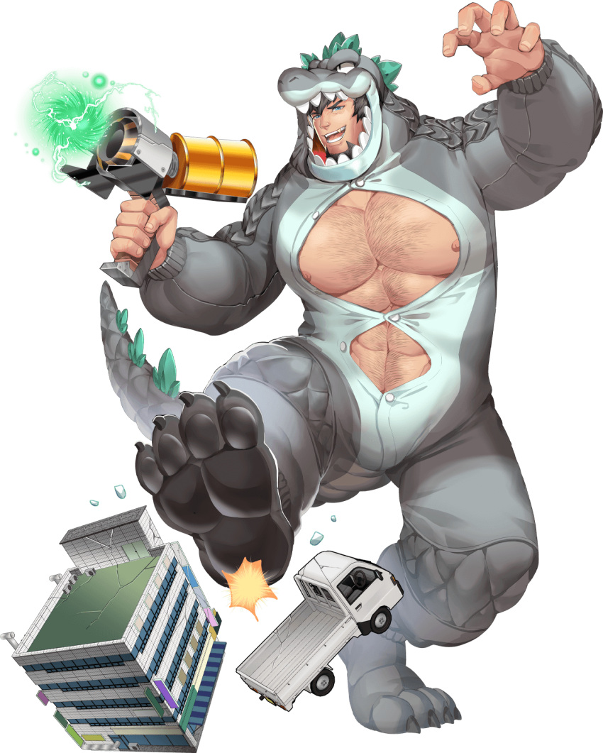 1boy abs alternate_costume animal_costume antonio_(gyee) bara bare_pectorals beard black_hair blue_eyes building chest_hair destroyer facial_hair ground_vehicle gun gyee hairy highres kicking kumahachi large_pectorals looking_at_viewer male_focus manly mature_male military military_vehicle motor_vehicle muscular muscular_male nipples official_art outstretched_arms pajamas pectorals pose ship smile solo spread_arms teeth thick_arms thick_thighs thighs tongue transparent_background truck unbuttoned warship watercraft weapon