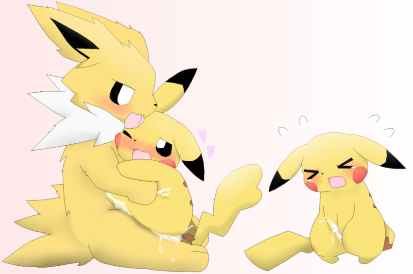 bodily_fluids casseroleafy cum cum_in_pussy cum_inside cum_on_penis eeveelution female female_penetrated genital_fluids genitals group jolteon male male/female male_penetrating male_penetrating_female nintendo penetration penis pikachu pok&eacute;mon pok&eacute;mon_(species) trio video_games yellow_body