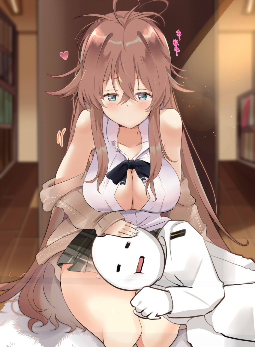 1boy 1girl azur_lane blue_eyes blurry blurry_background blush bookshelf breasts brown_hair cleavage closed_mouth collarbone commander_(azur_lane) commentary_request hair_between_eyes highres impero_(azur_lane) lap_pillow large_breasts library school_uniform sleeping thighs tonchinkan