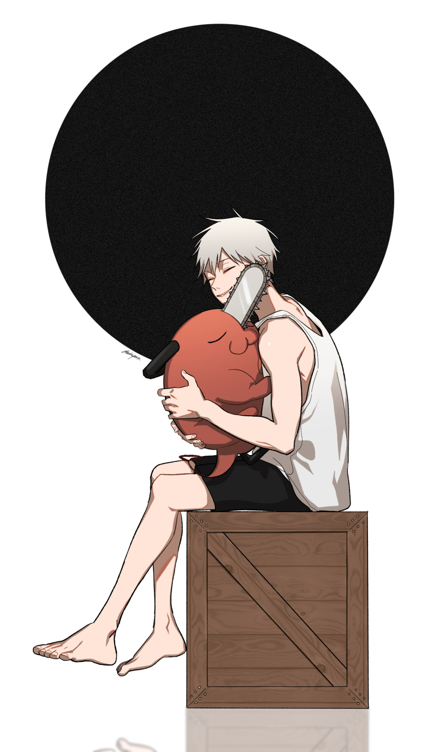 1boy 1other absurdres barefoot black_shorts chainsaw chainsaw_man child closed_eyes crate denji_(chainsaw_man) happy highres hug lovemaronmeru0827 short_hair shorts simple_background sitting sleeveless tank_top twitter_username white_background white_tank_top younger