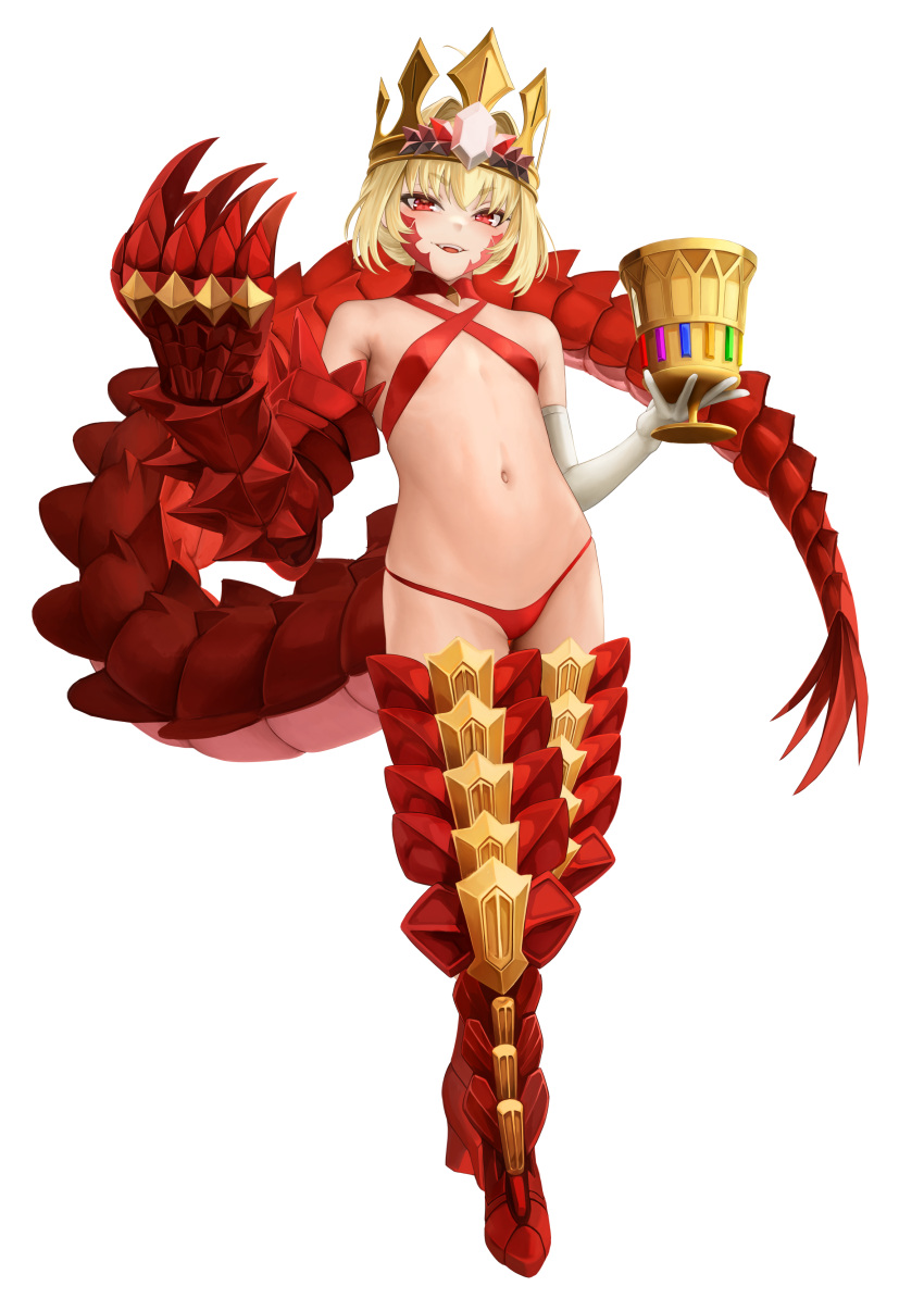1girl absurdres ahoge bangs bikini blonde_hair braid breasts criss-cross_halter crown dragon_claw dragon_tail elbow_gloves facial_mark fate/grand_order fate/grand_order_arcade fate_(series) french_braid full_body gloves hair_bun hair_intakes hair_ribbon halterneck highres long_hair looking_at_viewer navel nero_claudius_(fate) open_mouth queen_draco_(fate) red_bikini red_eyes red_ribbon ribbon scales small_breasts smile solo swimsuit tail white_gloves yamaneko_(tkdrumsco)