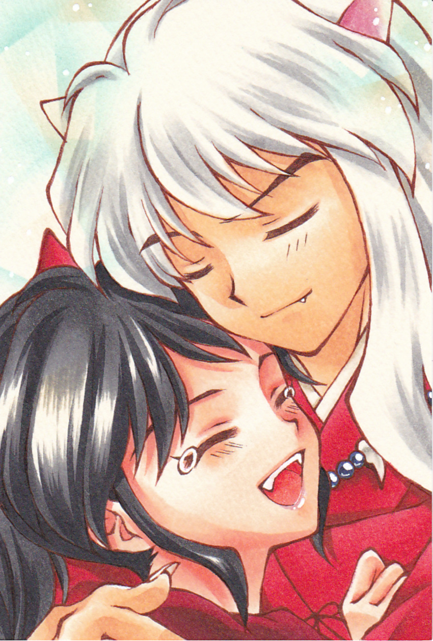 1boy 1girl anemone_love animal_ears bangs black_hair closed_eyes dog_ears fang fangs father_and_daughter han'you_no_yashahime highres hug inuyasha inuyasha_(character) japanese_clothes jewelry kimono long_hair moroha necklace open_mouth red_kimono tears teeth upper_teeth white_hair