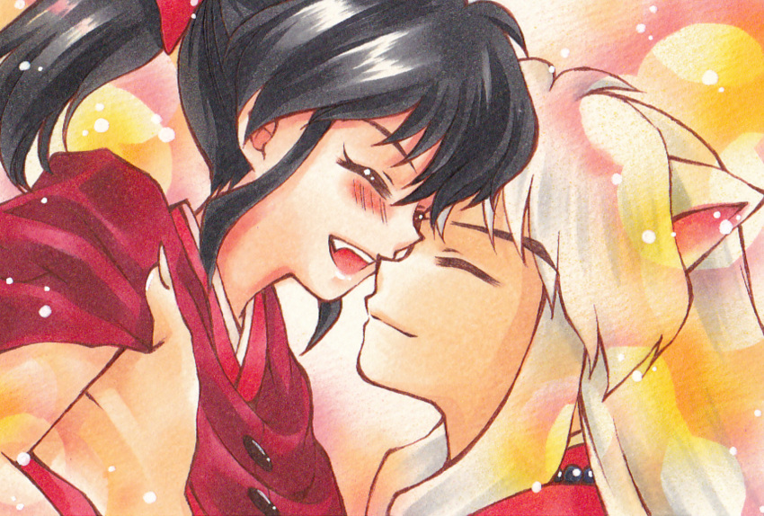 1boy 1girl anemone_love animal_ears bangs black_hair closed_eyes dog_ears fang father_and_daughter han'you_no_yashahime highres holding holding_person inuyasha inuyasha_(character) japanese_clothes kimono long_hair moroha ponytail red_kimono white_hair