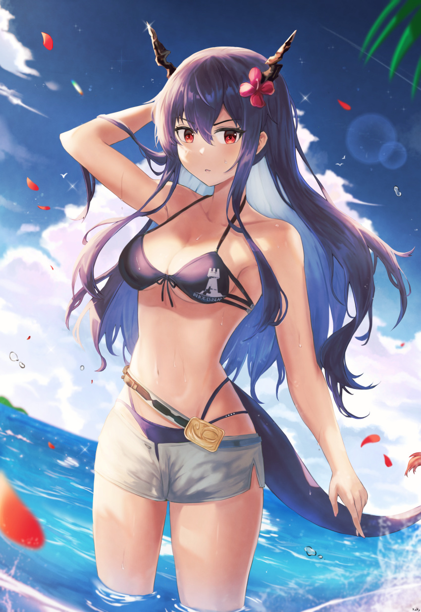 1girl absurdres arknights bikini bikini_under_clothes black_bikini blue_hair blush breasts ch'en_(arknights) ch'en_the_holungday_(arknights) cloud collarbone cowboy_shot dragon_girl dragon_horns dragon_tail front-tie_bikini front-tie_top grey_shorts hair_between_eyes hand_up highleg highleg_bikini highres horns lens_flare long_hair looking_at_viewer medium_breasts official_alternate_costume outdoors palm_leaf petals red_eyes shorts solo swimsuit tail thighs wading water wet xary