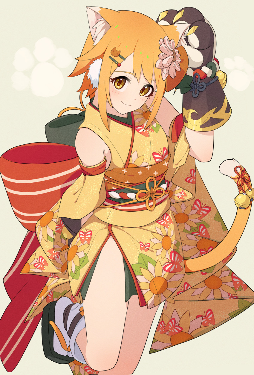 1girl absurdres animal_ear_fluff animal_ears animal_hands arm_behind_back blush cat_ears cat_girl cat_tail closed_mouth detached_sleeves floral_print flower gloves hair_flower hair_ornament hairclip hand_up highres hiyori_(princess_connect!) japanese_clothes kimono leg_up looking_at_viewer obi official_alternate_costume orange_hair paw_gloves princess_connect! sandals sash short_hair sleeveless sleeveless_kimono smile solo standing standing_on_one_leg tabi tail thighs tissuebox_(artist) white_legwear yellow_eyes yellow_kimono yukata