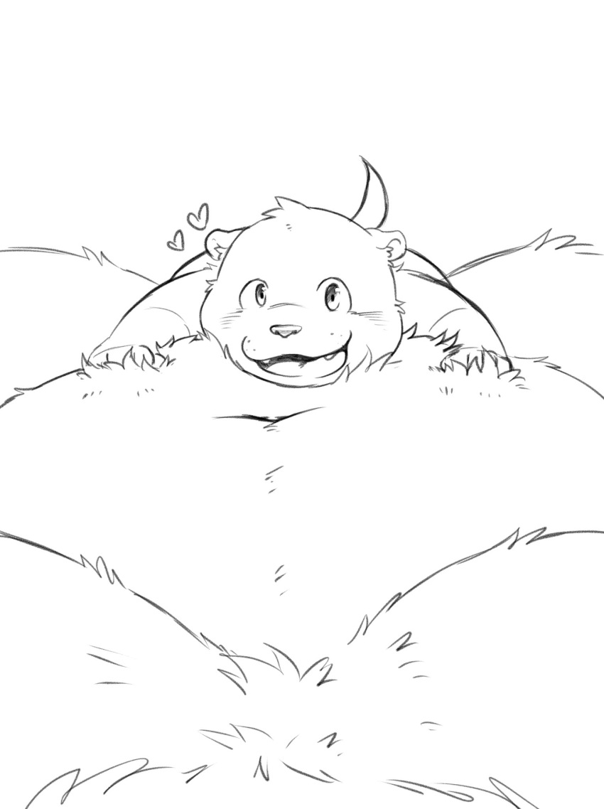 2022 96panda anthro belly big_belly blush duo hi_res kemono lutrine lying male mammal monochrome moobs mustelid navel overweight overweight_male sea_otter simple_background size_difference