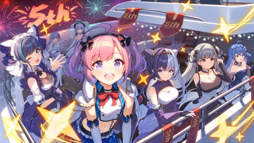 6+girls absurdres artist_request azur_lane banner breasts cheshire_(azur_lane) chinese_commentary cleavage congratulations dress fireworks formidable_(azur_lane) helena_(azur_lane) helena_(may_i_have_this_dance?)_(azur_lane) highres illustrious_(azur_lane) lights multiple_girls official_alternate_costume official_art one_eye_closed railing saratoga_(azur_lane) unicorn_(azur_lane) ying_swei_(azur_lane)