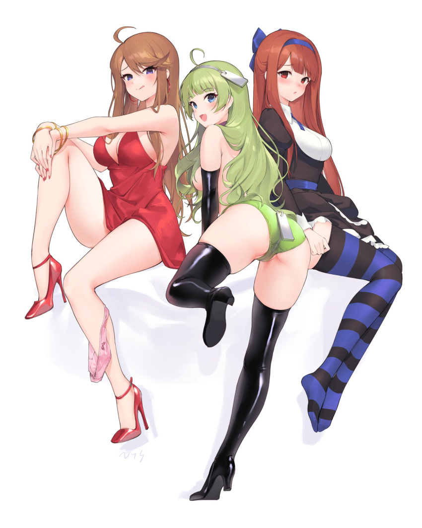 ahoge ass black_dress black_footwear blush boots breasts brown_hair chuck_(psg) chuck_(psg)_(cosplay) cosplay dress green_hair green_panties high_heels highres idolmaster idolmaster_million_live! invisible_chair large_breasts lolita_fashion long_hair looking_at_viewer nail_polish no_bra nys panties panties_around_one_leg panty_&amp;_stocking_with_garterbelt panty_(psg) panty_(psg)_(cosplay) parody pink_panties plunging_neckline red_dress red_eyes red_footwear shimabara_elena simple_background sitting stocking_(psg) stocking_(psg)_(cosplay) straight_hair striped striped_legwear tanaka_kotoha thigh_boots thighhighs tokoro_megumi two-tone_legwear underwear very_long_hair wavy_hair