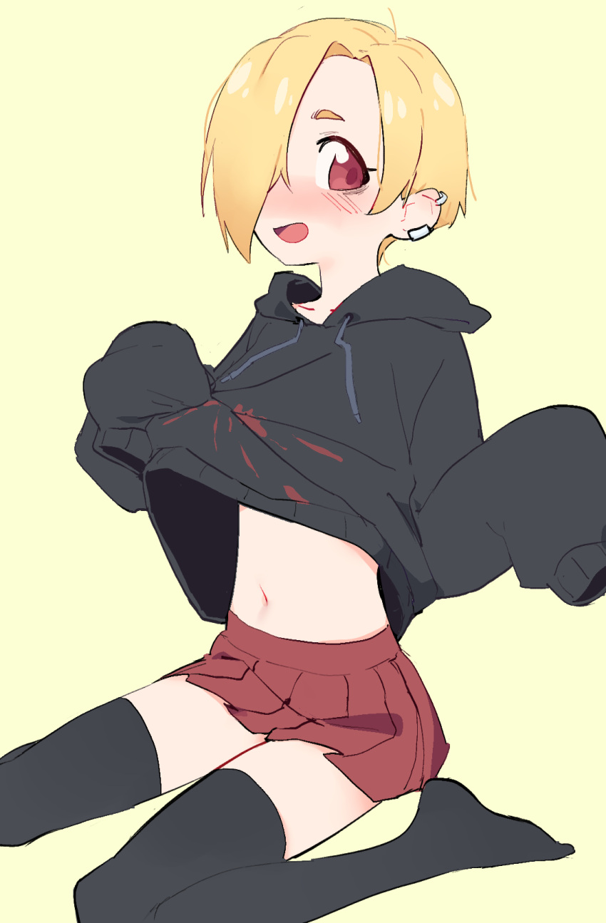 1girl black_legwear blonde_hair blood blood_stain blush earrings eds hair_over_one_eye highres hood hoodie hoodie_lift idolmaster idolmaster_cinderella_girls jewelry lifted_by_self looking_at_viewer navel no_shoes open_mouth pleated_skirt red_eyes shirasaka_koume short_hair simple_background sitting sketch skirt sleeves_past_fingers sleeves_past_wrists smile solo thighhighs wariza