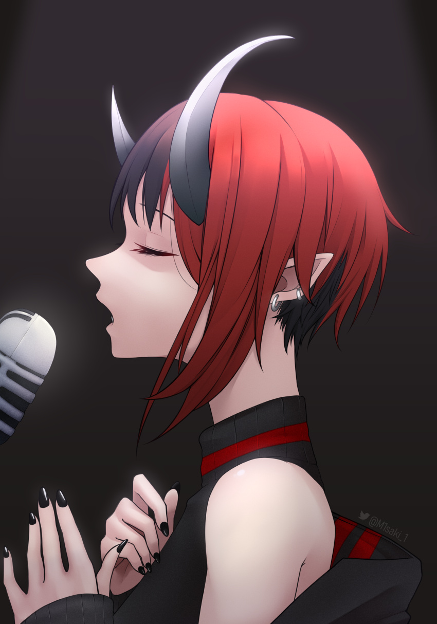 1girl absurdres bangs black_hair black_jacket black_nails closed_eyes commentary demon_girl demon_horns ear_piercing highres horns jacket m1saki_1 microphone multicolored_hair music off_shoulder open_mouth piercing pointy_ears red_hair ryugasaki_rene short_hair singing solo sugar_lyric twitter_username two-tone_hair upper_body virtual_youtuber