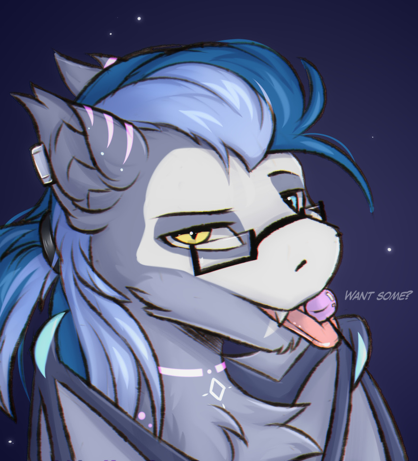 alternate_version_at_source bat_pony bodypaint candy dessert dialogue equid eyewear fluffy food glasses hair hi_res lollipop male mammal midnight_snowstorm my_little_pony ponytail portrait smile snowstormbat solo tribal wings