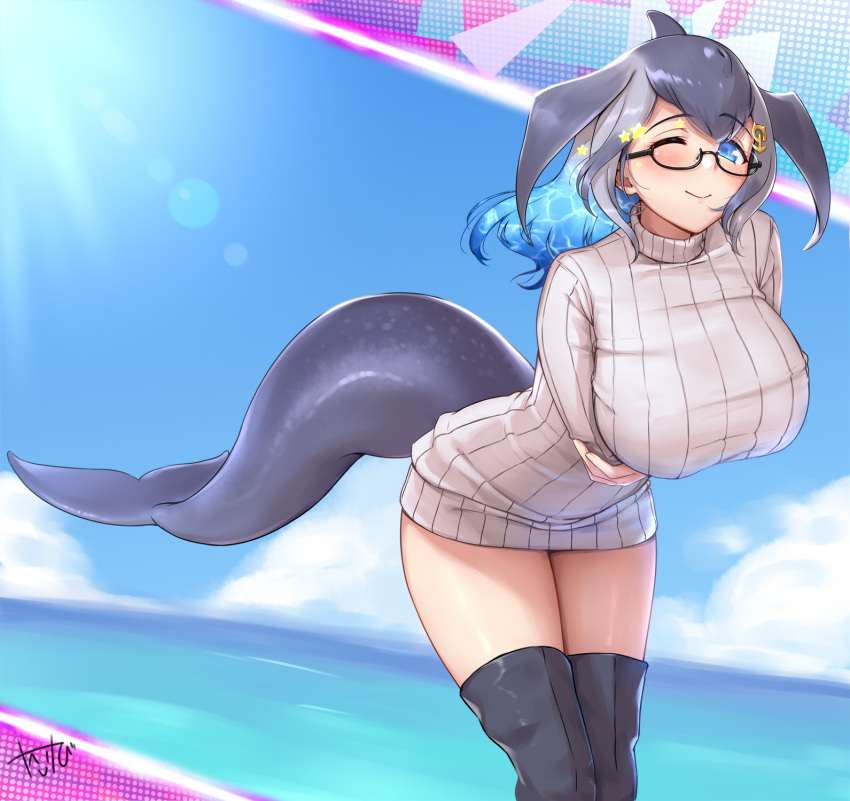 1girl anchor_hair_ornament arm_under_breasts black-framed_eyewear black_footwear blowhole blue_eyes blue_hair blue_whale_(kemono_friends) boots breasts cetacean_tail dorsal_fin dress glasses grey_sweater hair_ornament highres huge_breasts japari_symbol kemono_friends kemono_friends_3 looking_at_viewer multicolored_hair ocean one_eye_closed ribbed_dress ribbed_sweater semi-rimless_eyewear short_dress solo sweater sweater_dress takebi thigh_boots turtleneck two-tone_hair