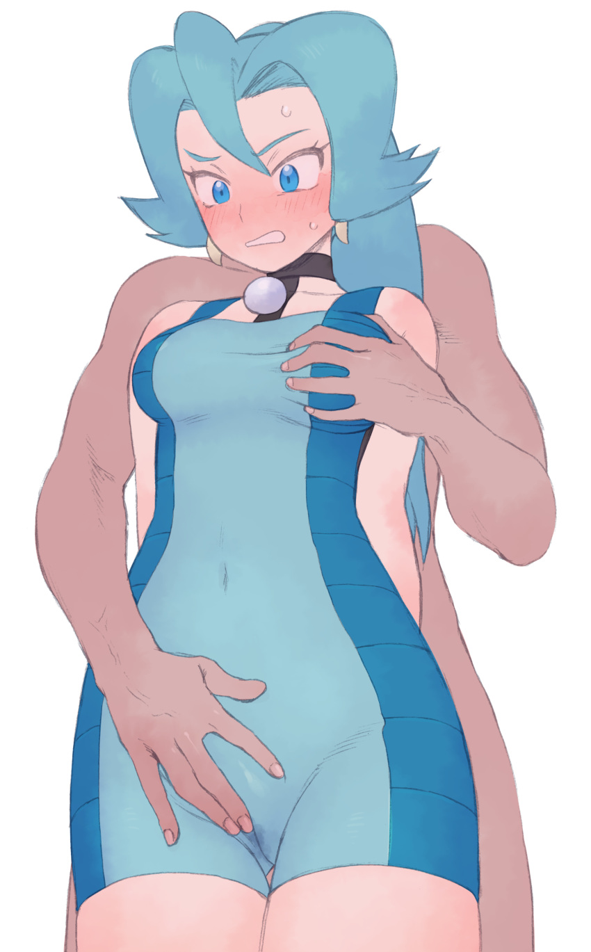 1boy 1girl absurdres black_choker blue_bodysuit blue_eyes blue_hair blush bodysuit breast_grab breasts cameltoe choker clair_(pokemon) clothed_female_nude_male commentary_request covered_navel earrings eyelashes gem grabbing groping hetero highres jewelry long_hair looking_down nude pearl_(gemstone) pokemon pokemon_(game) pokemon_hgss ponytail shizuka_no_uni stained_clothes sweat tooth_earrings two-tone_bodysuit white_background