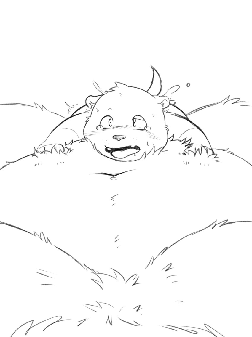 2022 96panda anthro belly big_belly blush bodily_fluids cum duo genital_fluids hi_res kemono lutrine lying male mammal monochrome moobs mustelid navel overweight overweight_male sea_otter simple_background size_difference tears