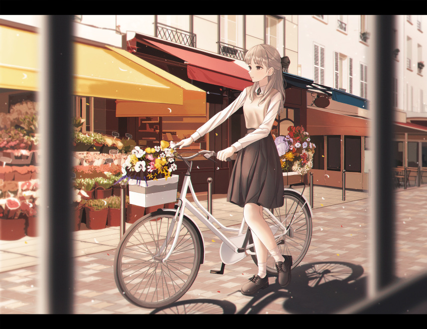 1girl bicycle black_bow black_necktie black_skirt bow brown_eyes collared_shirt flower ground_vehicle hair_bow highres light_brown_hair long_hair long_sleeves necktie original outdoors petals pleated_skirt shirt skirt socks solo white_legwear white_shirt youngsok