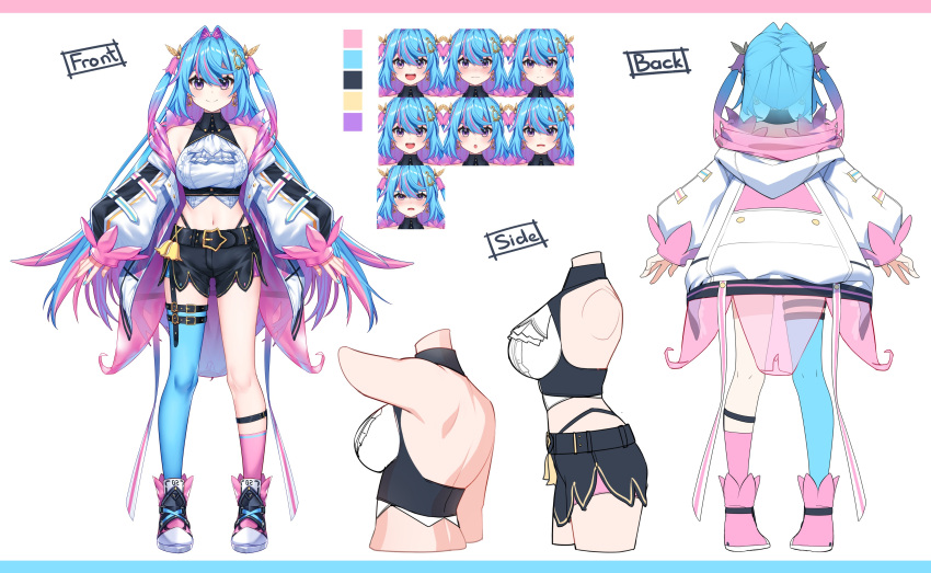 1girl absurdres bangs blue_hair breasts character_sheet closed_mouth collared_shirt from_behind gendo0032 gradient_hair hair_between_eyes hair_intakes highres large_breasts long_hair long_sleeves misora_kanon multicolored_hair nijigen_project open_mouth pink_hair puffy_long_sleeves puffy_sleeves purple_eyes shirt shorts single_thighhigh thighhighs two-tone_hair two_side_up virtual_youtuber