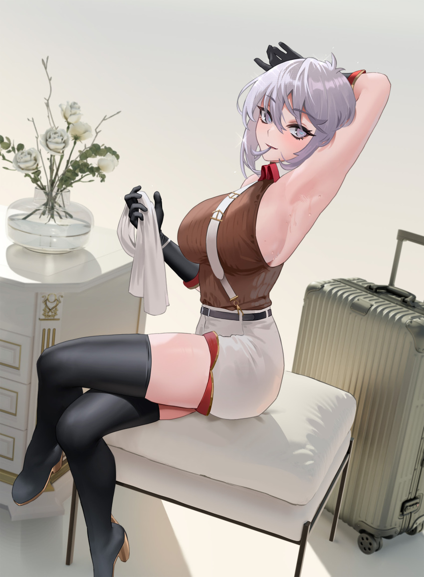 1girl armpits azur_lane bangs bellona_(azur_lane) black_gloves boots breasts brown_shirt cirilla_lin flower gloves grey_eyes grey_hair hair_between_eyes hair_in_mouth high_heel_boots high_heels highres holding holding_towel large_breasts looking_at_viewer luggage parted_lips plant potted_plant rose shirt short_hair shorts sitting sleeveless sleeveless_shirt solo thigh_boots towel white_flower white_rose white_shorts