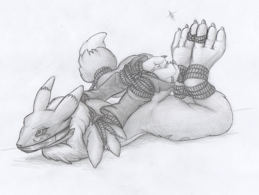 2016 arms_tied bandai_namco bdsm biped bondage bound canid canine claws digimon digimon_(species) digitigrade facial_markings female fluffy fluffy_tail fox gag gagged head_markings hi_res hogtied legs_tied long_ears looking_offscreen lying mammal markings neck_tuft nude on_front renamon restraints rope rope_bondage simple_background solo spiritalpha tail_tied tape tape_bondage toes_tied tuft white_background wrists_tied