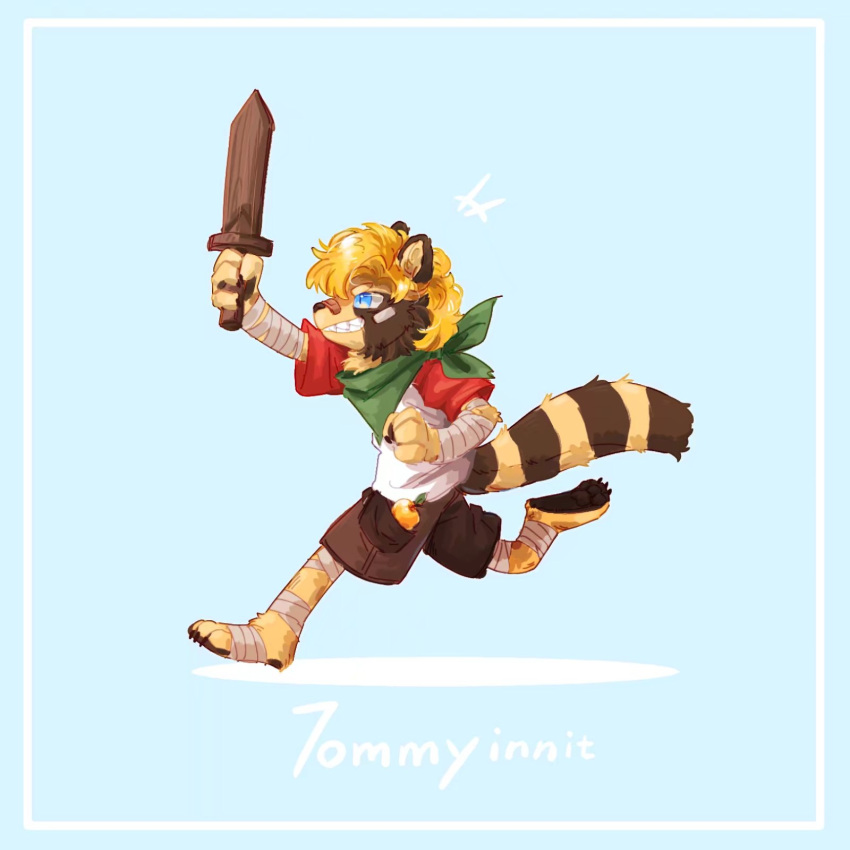 1:1 4_fingers 4_toes anthro apple badmuffinhea band-aid band-aid_on_nose band-aids bandage bandaged_arm bandaged_feet bandaged_leg baring_teeth big_tail blonde_hair blue_background blue_eyes bottomwear brown_body brown_bottomwear brown_clothing brown_fur brown_shorts cheek_tuft clothed clothing colored digital_drawing_(artwork) digital_media_(artwork) facial_tuft fangs feet fingers fully_clothed fur gold_apple green_neckwear hair handwritten_text happy hi_res holding_(disambiguation) holding_object holding_sword holding_weapon kerchief leaf male mammal mcyt melee_weapon neck_tuft pawpads plantigrade practice_sword procyonid raccoon red_clothing red_shirt red_topwear running shirt shorts simple_background smile solo sword tan_body tan_fur teeth toes tommyinnit topwear tuft weapon white_clothing white_shirt white_topwear wood wooden_sword yellow_body yellow_fur young
