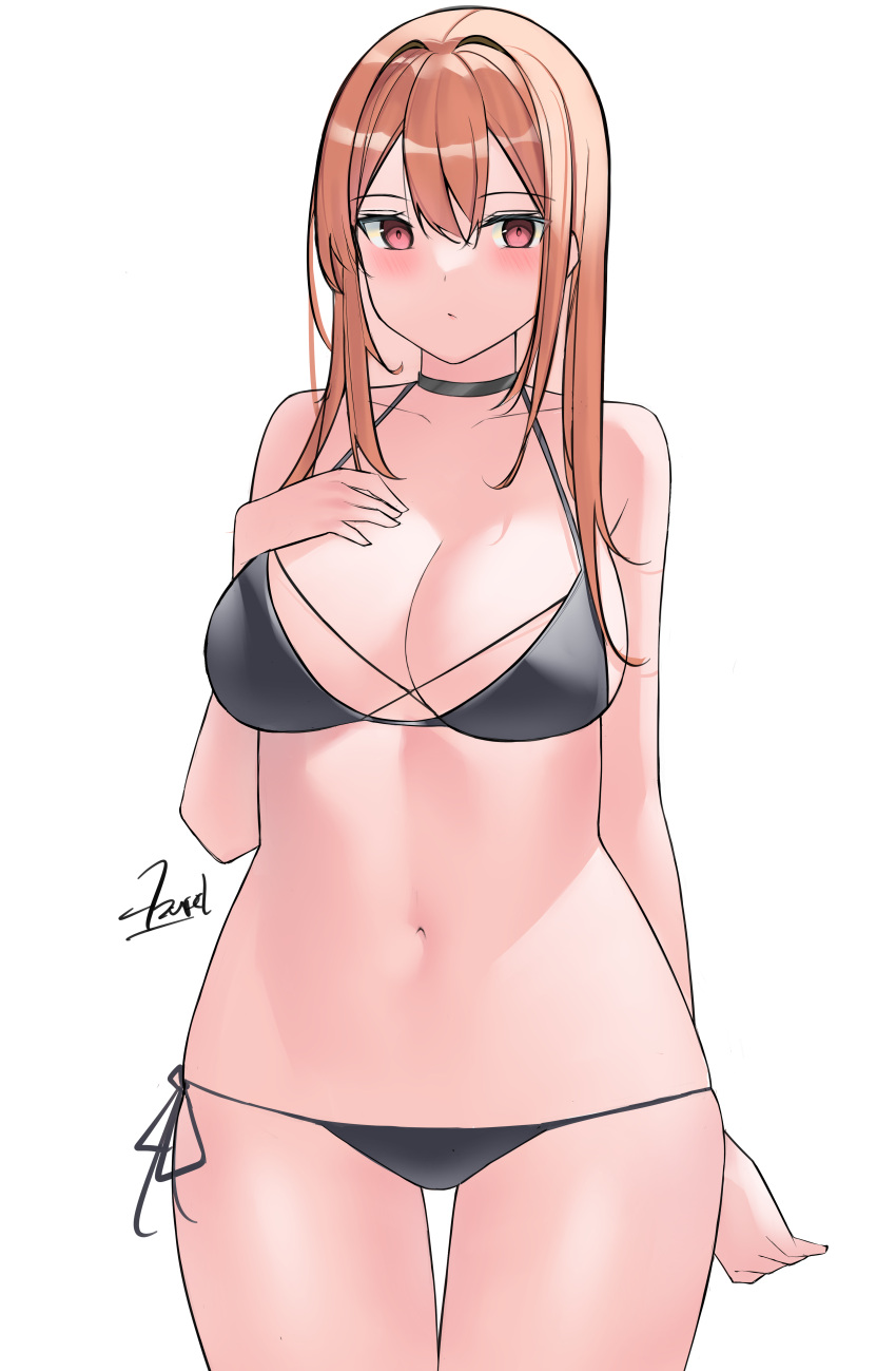 1girl absurdres azurel577 bangs bikini blonde_hair blush breasts cleavage criss-cross_halter eyebrows_visible_through_hair hair_intakes halterneck hand_on_own_chest highres large_breasts looking_to_the_side navel original red_eyes side-tie_bikini signature solo swimsuit